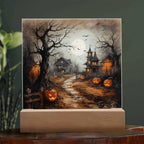 Shadowy Stronghold: Unique Mansion Halloween Acrylic Lighted Plaque