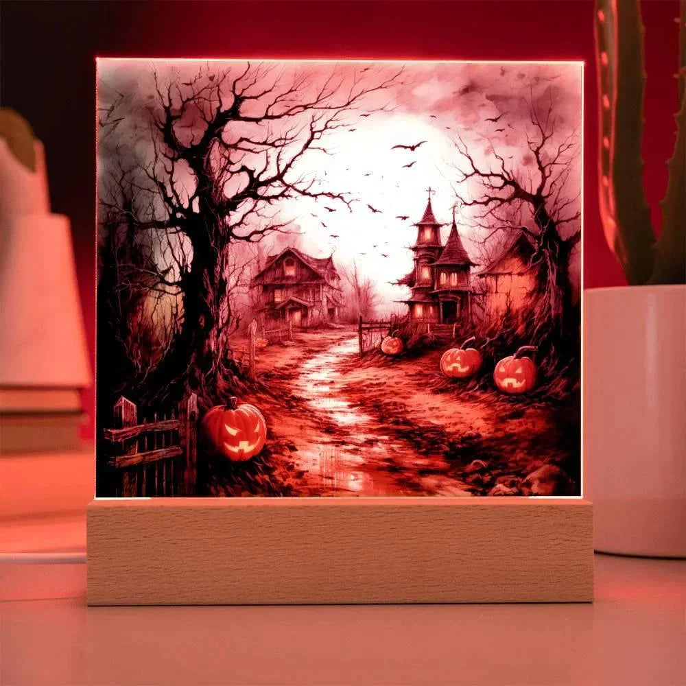 Shadowy Stronghold: Unique Mansion Halloween Acrylic Lighted Plaque
