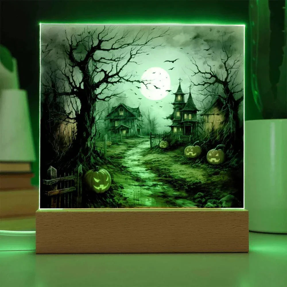 Shadowy Stronghold: Unique Mansion Halloween Acrylic Lighted Plaque