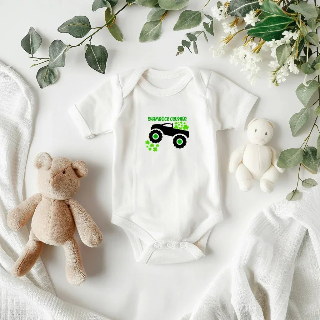 Shamrock Crusher St. Patrick’s Day Baby Bodysuit – Funny Monster Truck Onesie – Soft Cotton Infant Romper – Irish Holiday Outfit & Baby Gift