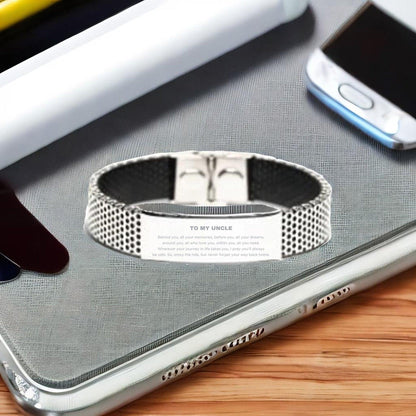 Uncle Gifts, Inspirational Stainless Steel Shark Mesh Engraved Bracelet, Birthday Christmas - Behind you, all your memories, before you, all your dreams, around you, all who love you, within you, all you need - Mallard Moon Gift Shop