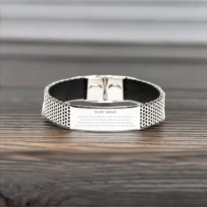 Uncle Gifts, Inspirational Stainless Steel Shark Mesh Engraved Bracelet, Birthday Christmas - Behind you, all your memories, before you, all your dreams, around you, all who love you, within you, all you need - Mallard Moon Gift Shop