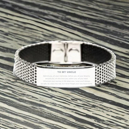 Uncle Gifts, Inspirational Stainless Steel Shark Mesh Engraved Bracelet, Birthday Christmas - Behind you, all your memories, before you, all your dreams, around you, all who love you, within you, all you need - Mallard Moon Gift Shop