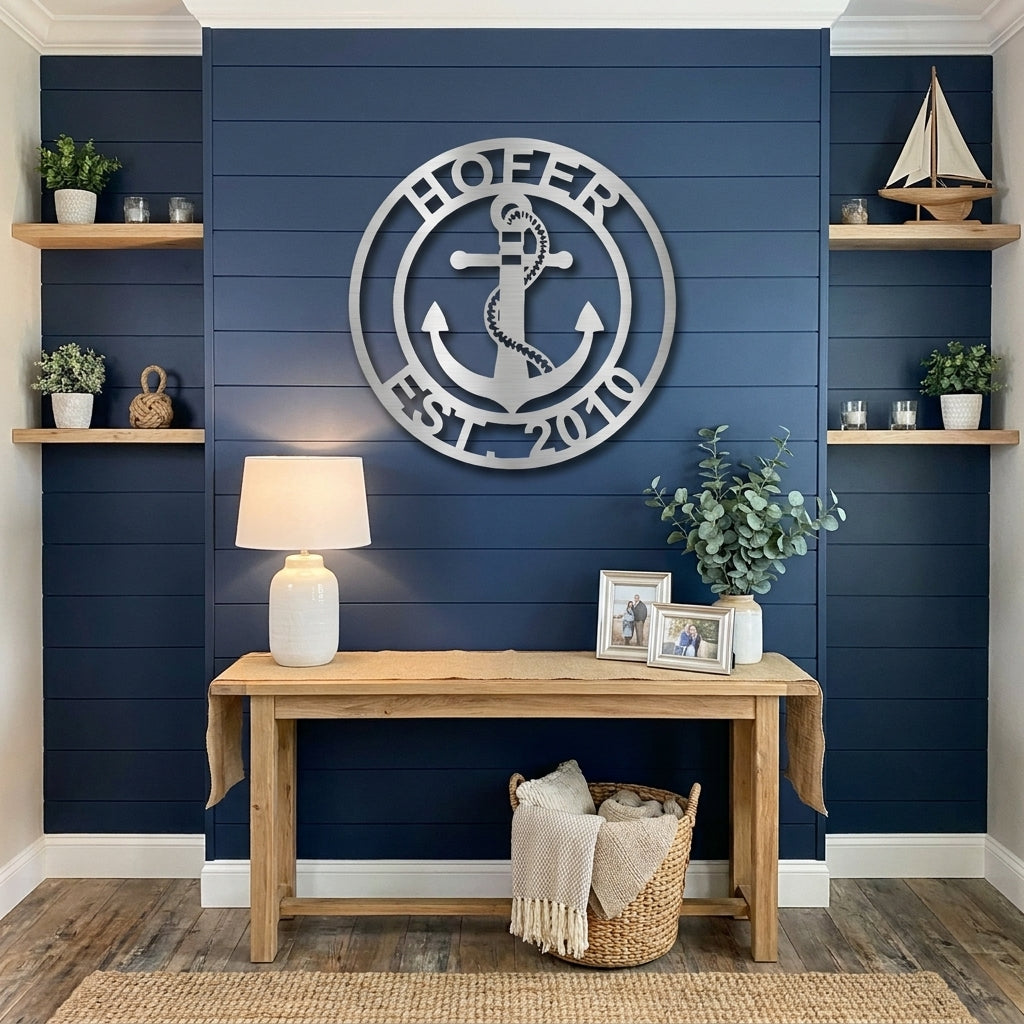 Personalized Anchor Metal Wall Art, Custom Family Name Sign, Nautical Wall Decor