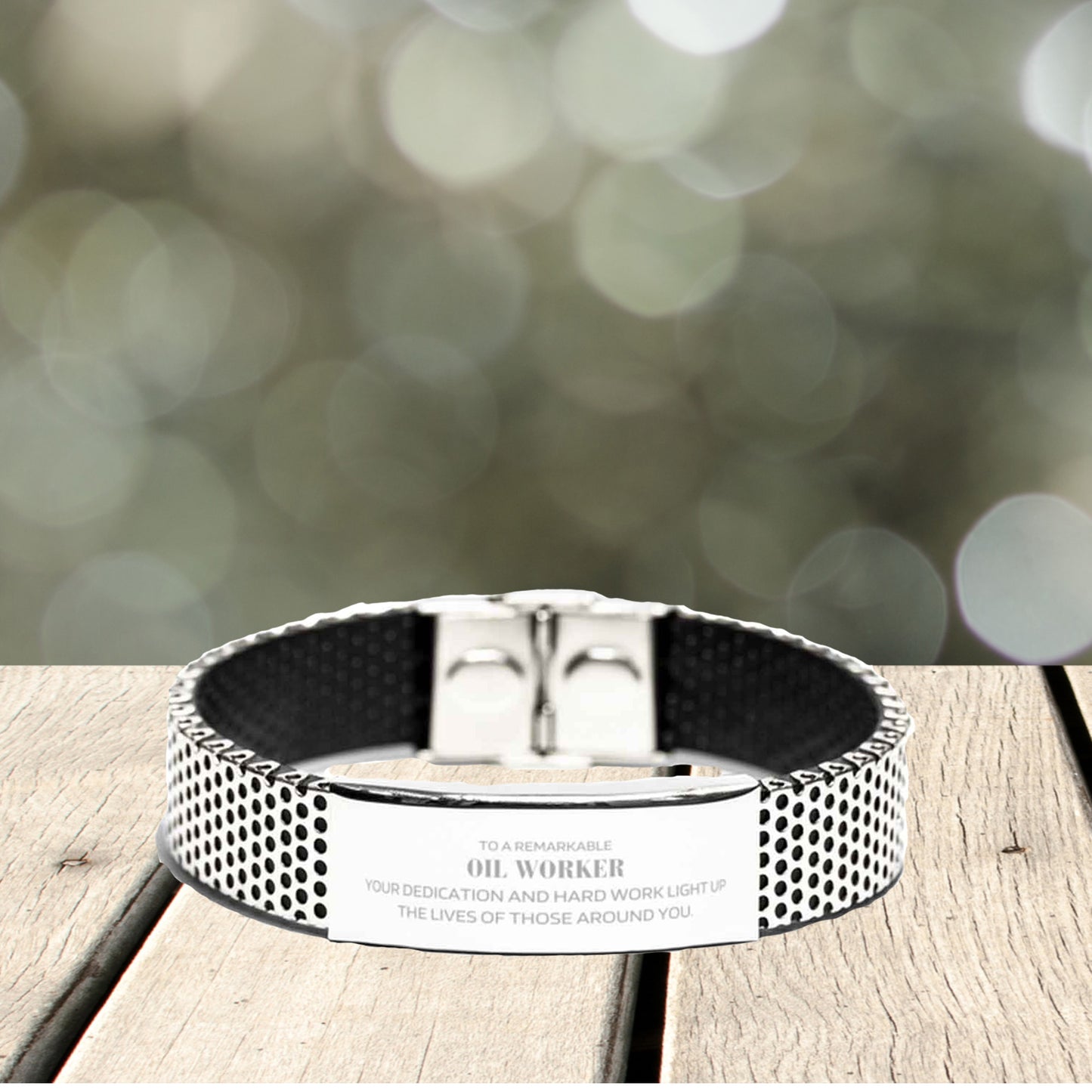 Oil Worker Silver Stainless Steel Mesh Bracelet – Engraved Inspirational Gift for Men – Adjustable Mesh Wristband – Durable & Rust-Resistant – Appreciation Jewelry for Oilfield Workers, Husbands, Sons & Boyfriends - Mallard Moon Gift Shop