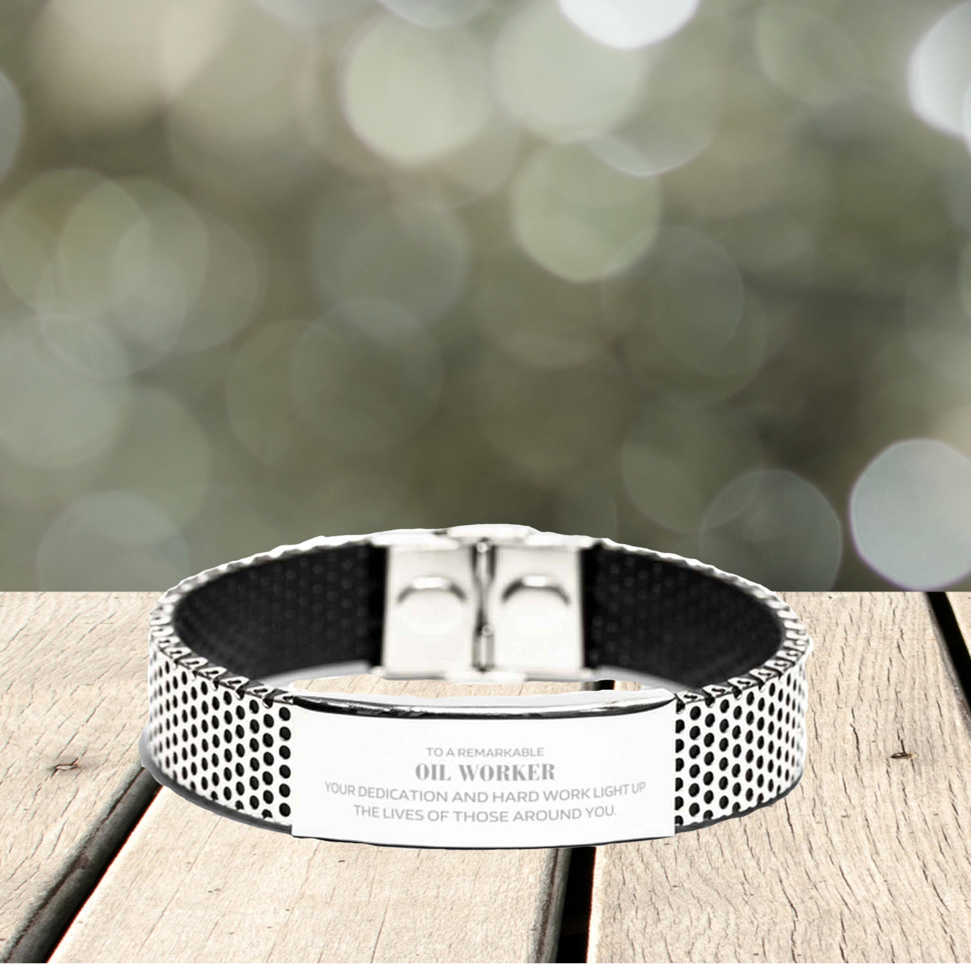 Oil Worker Silver Stainless Steel Mesh Bracelet – Engraved Inspirational Gift for Men – Adjustable Mesh Wristband – Durable & Rust-Resistant – Appreciation Jewelry for Oilfield Workers, Husbands, Sons & Boyfriends - Mallard Moon Gift Shop