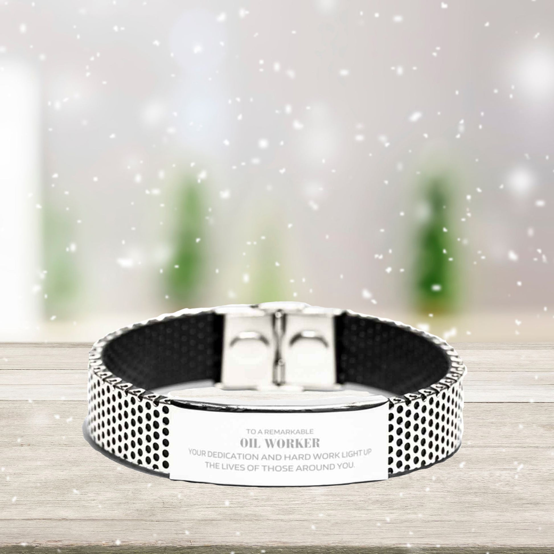 Oil Worker Silver Stainless Steel Mesh Bracelet – Engraved Inspirational Gift for Men – Adjustable Mesh Wristband – Durable & Rust-Resistant – Appreciation Jewelry for Oilfield Workers, Husbands, Sons & Boyfriends - Mallard Moon Gift Shop