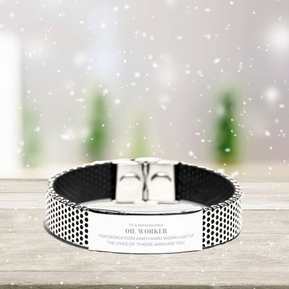 Oil Worker Silver Stainless Steel Mesh Bracelet – Engraved Inspirational Gift for Men – Adjustable Mesh Wristband – Durable & Rust-Resistant – Appreciation Jewelry for Oilfield Workers, Husbands, Sons & Boyfriends - Mallard Moon Gift Shop