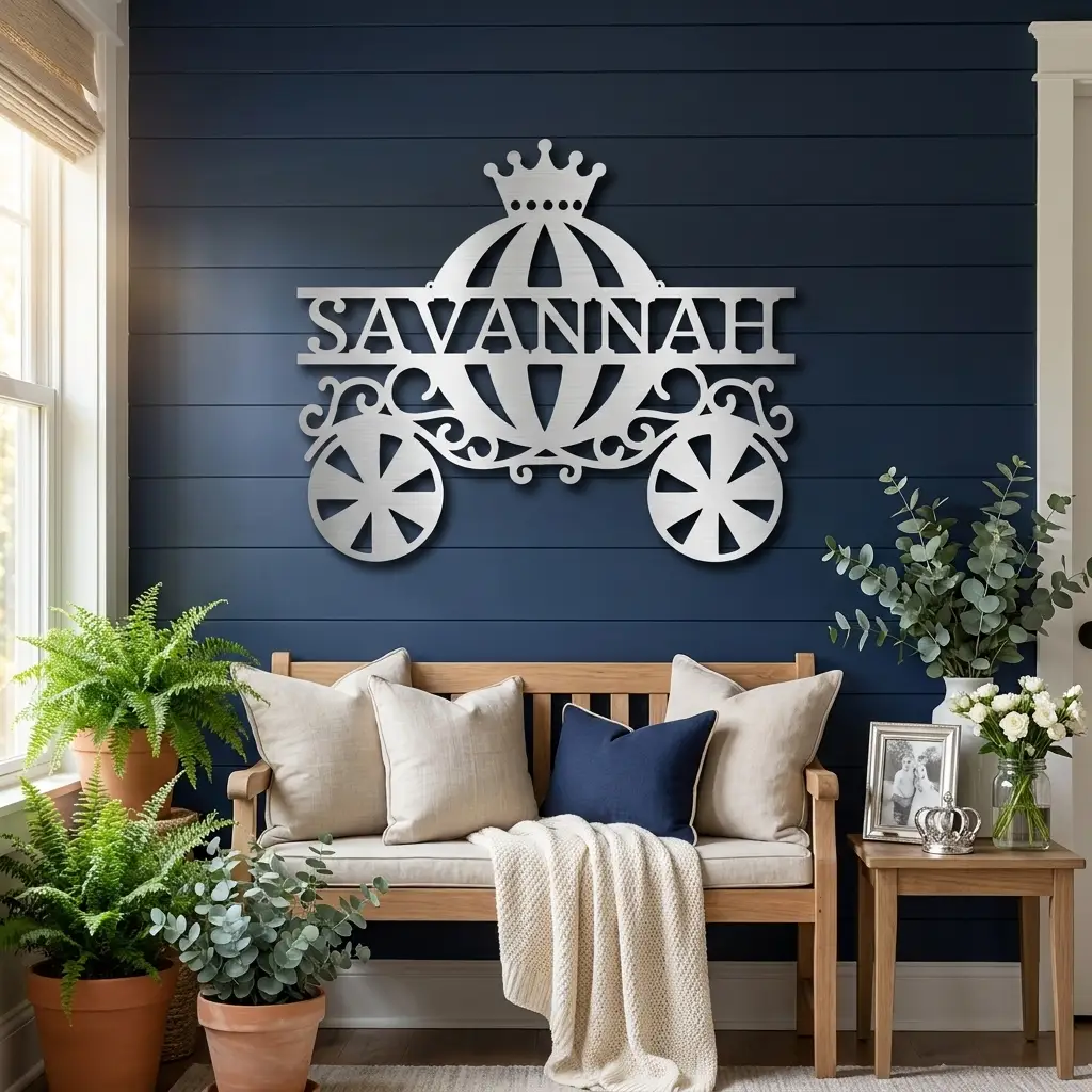 Personalized Fairytale Carriage Metal Wall Art | Custom Name Princess Carriage Sign | Girls Bedroom Decor | Whimsical Metal Wall Art | Made in USA