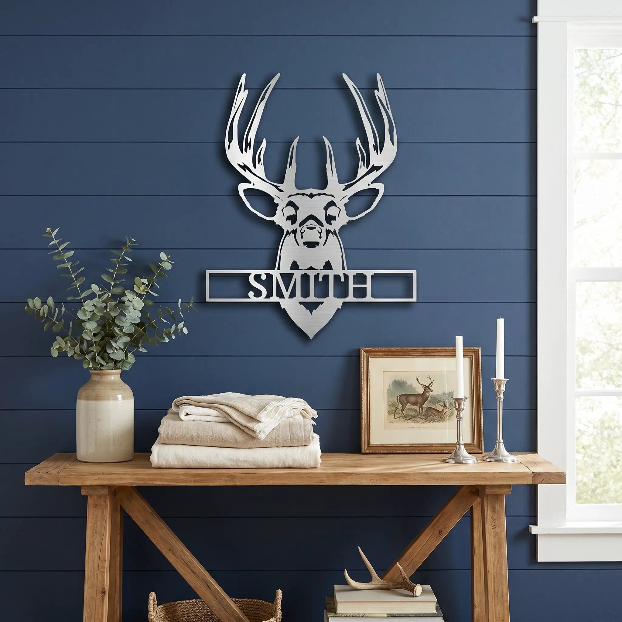 Personalized Deer Head Metal Wall Art Custom Family Name Sign Buck Antler Decor Rustic Cabin Farmhouse Wall Hanging Hunting Gift Idea