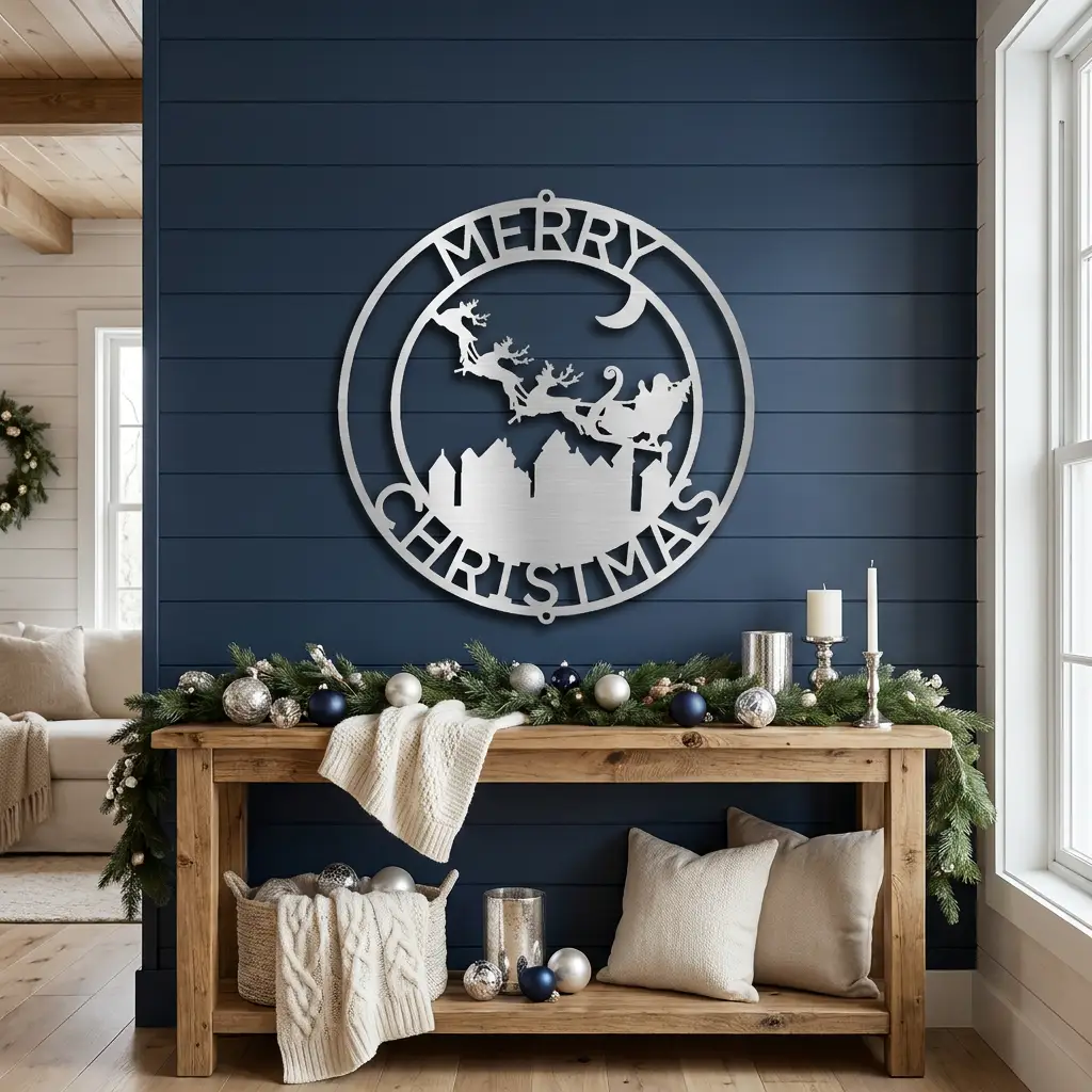 Personalized Santa Sleigh Flying Over Town Metal Wall Art – Custom Family Name Christmas Sign – Holiday Steel Décor (5 Sizes, 5 Colors)