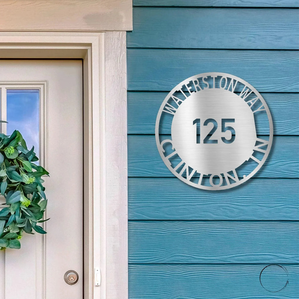 Bold Circle Address Personalized Front Door, Porch, Patio Steel Wall Sign Metal Art