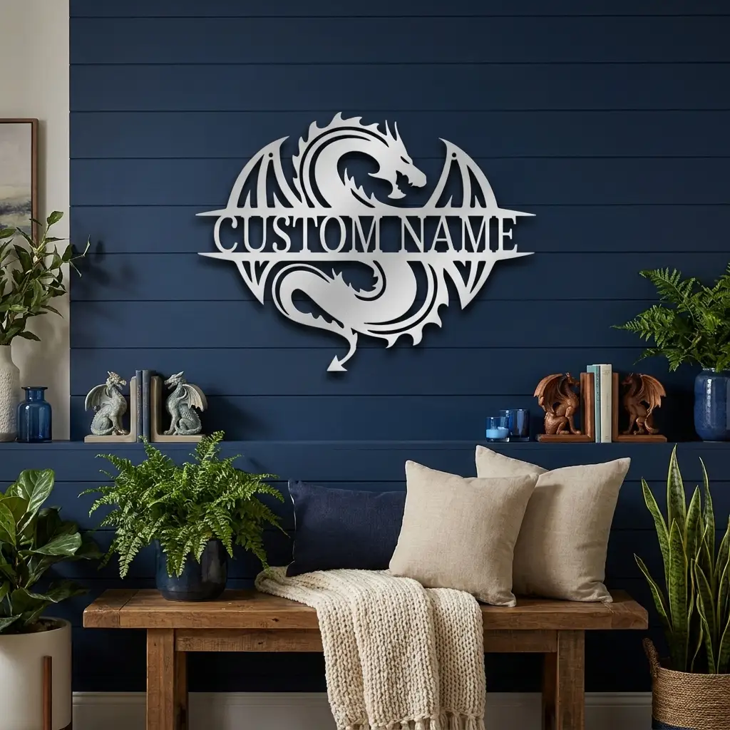 Celtic Dragon Monogram Personalized Name Indoor Outdoor Steel Wall Sign Metal Art