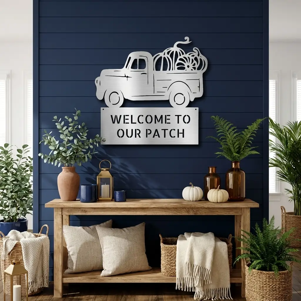Personalized Vintage Pumpkin Truck Metal Wall Art | Custom Fall Harvest Sign | Farmhouse Autumn Decor | Welcome Pumpkin Patch Sign | Rustic Thanksgiving Wall Decor | Made in USA