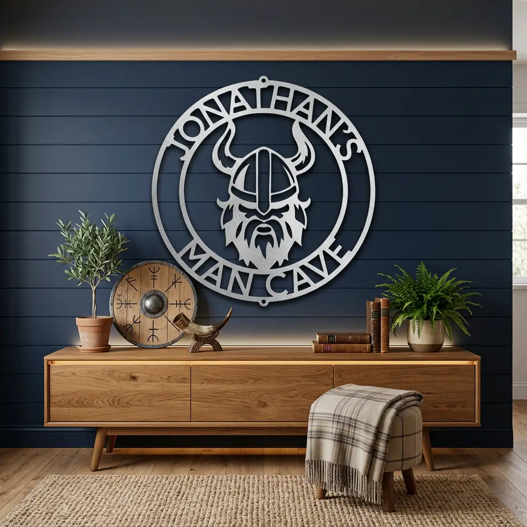 Personalized Viking Metal Wall Art | Custom Viking Name Sign | Norse Warrior Steel Wall Decor | Viking Helmet Home Decoration | Made in USA