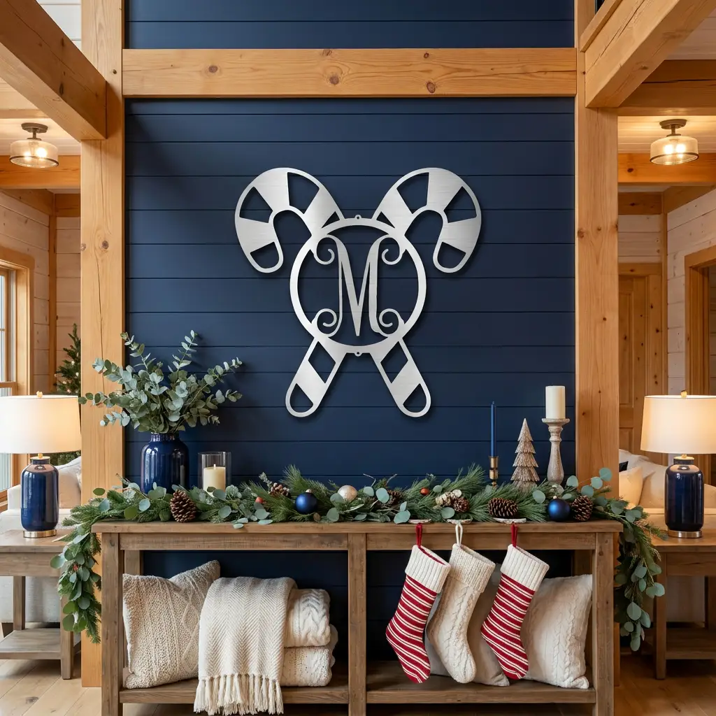 Personalized Candy Cane Monogram Metal Wall Art – Custom Initial Christmas Sign – Holiday Steel Décor (5 Sizes, 5 Colors)
