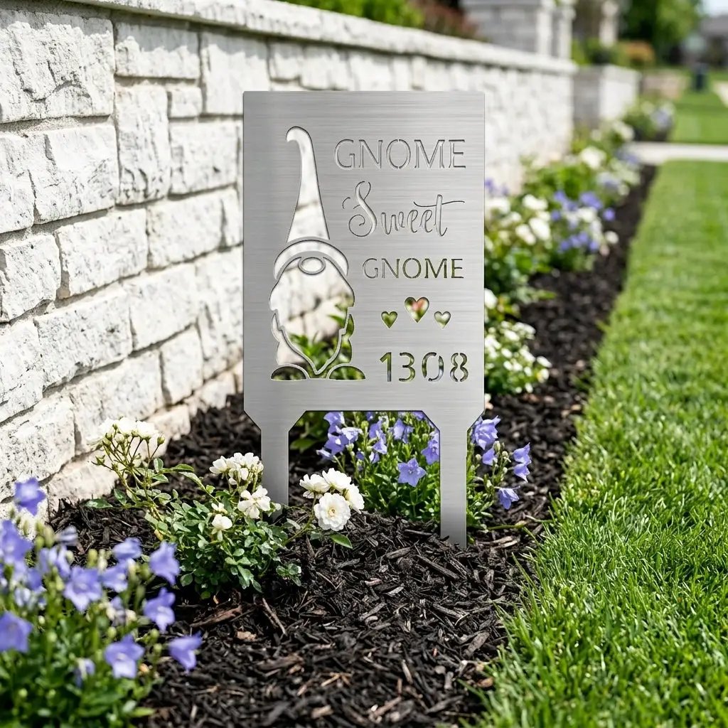 Personalized Gnome Sweet Gnome Address Sign | Custom Metal House Number Sign | Gnome Welcome Wall Decor | Outdoor Address Plaque | Made in USA