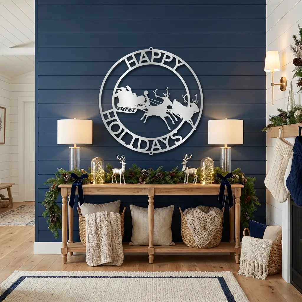 Personalized Santa Sleigh & Reindeer Metal Wall Art – Custom Family Name Christmas Sign – Handmade Steel Décor (5 Sizes, 5 Colors)