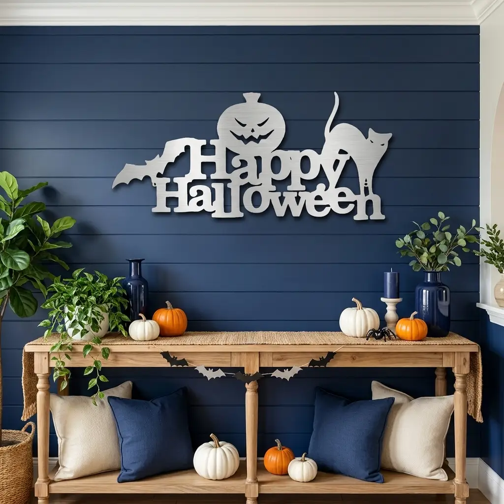 Happy Halloween Metal Wall Art Sign – Pumpkin Bat Cat Halloween Decor – Outdoor Powder Coated Steel Sign – Spooky Farmhouse Porch Decor