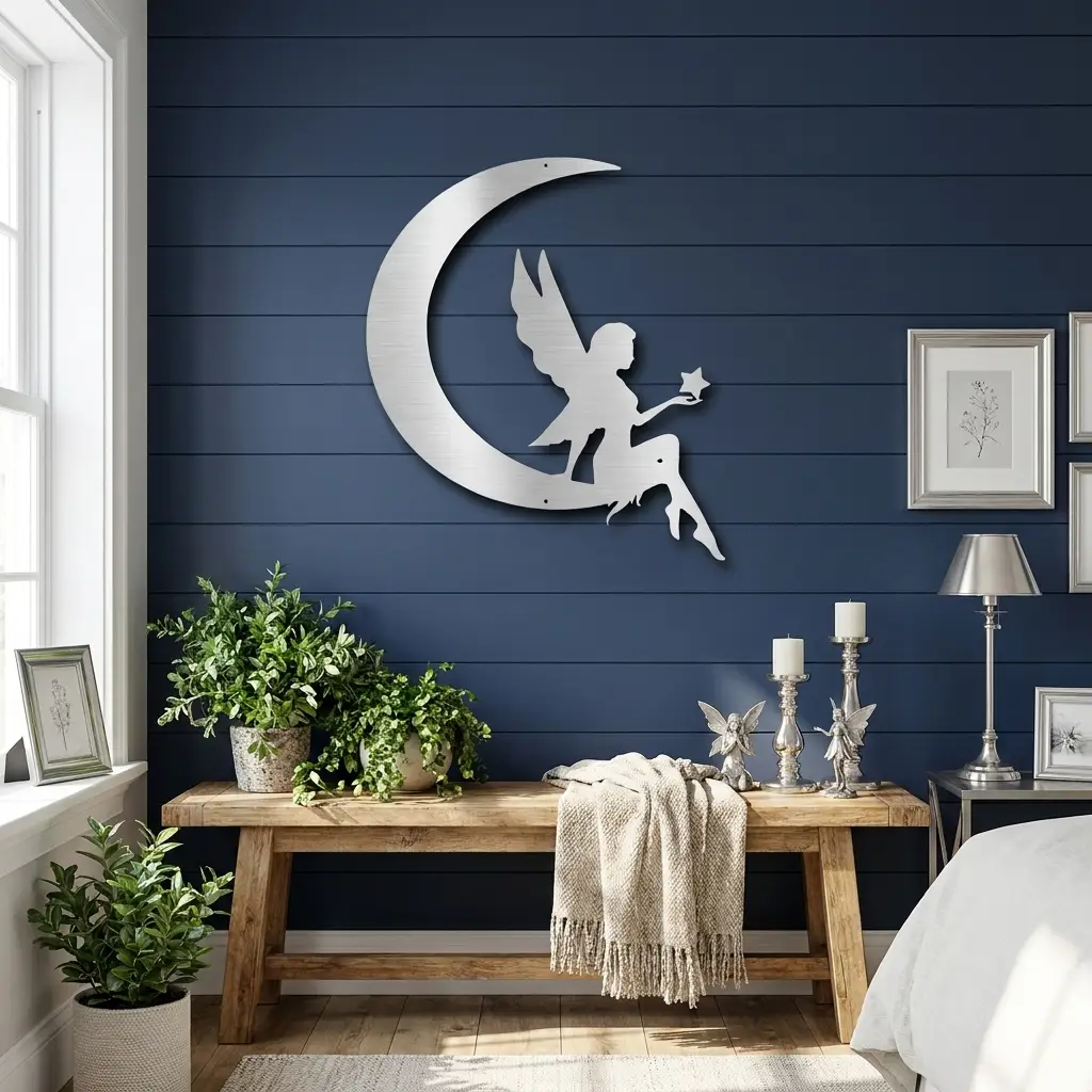 Fairy on Moon Metal Wall Art | Crescent Moon Fairy Wall Decor | Fantasy Metal Wall Hanging | Fairy Bedroom Decor | Made in USA