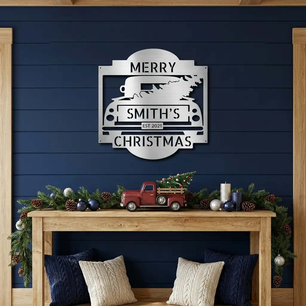 Christmas Truck Personalized Metal Wall Sign | Custom Family Holiday Wall Art | Vintage Truck Christmas Decor | Personalized Name & Year Metal Sign | Made in USA