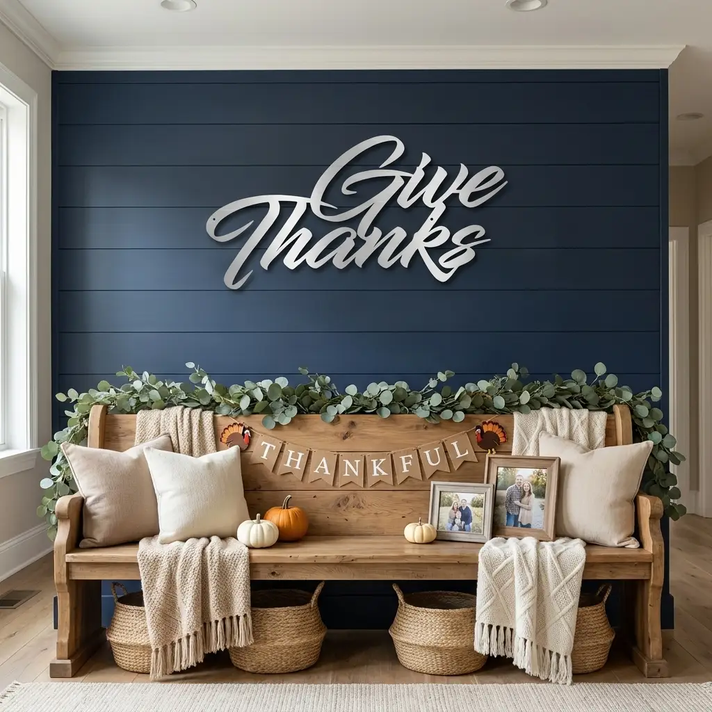 Give Thanks Metal Sign, Farmhouse Wall Decor, Thanksgiving Decor, Script Wall Art, Fall Home Decor, Gratitude Sign