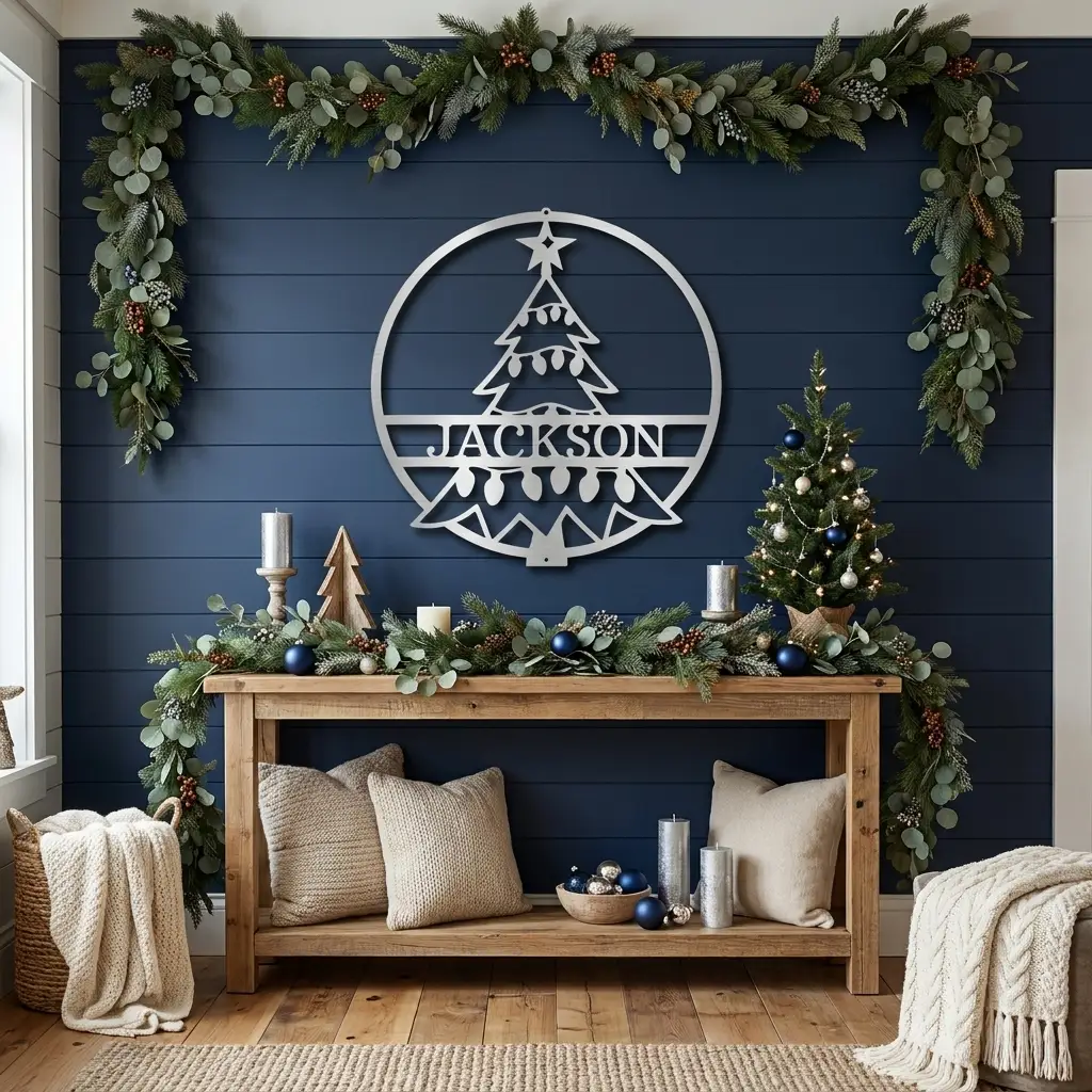 Personalized Christmas Tree Metal Wall Art – Custom Family Name Holiday Sign – Handmade Steel Décor (5 Sizes, 5 Colors)