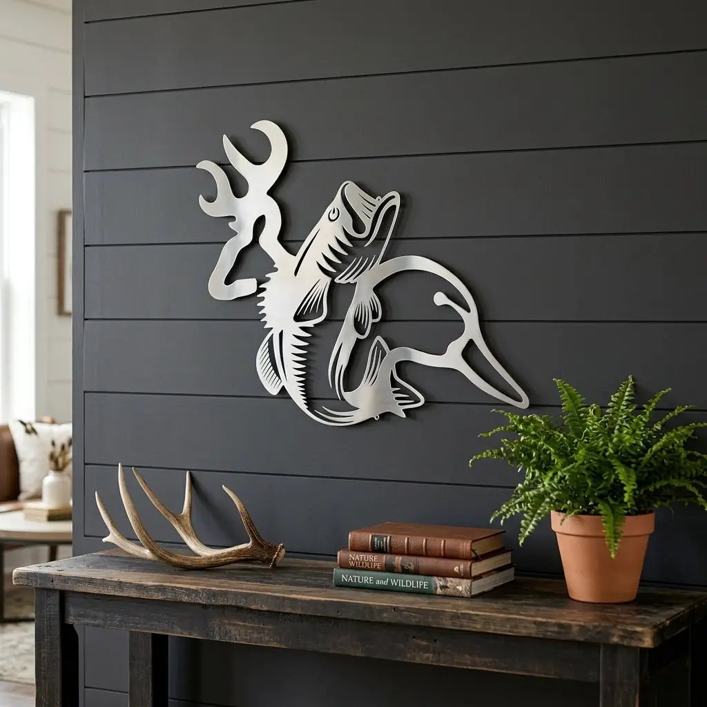 Hunting & Fishing Metal Wall Art – Deer, Duck and Bass Rustic Steel Sign