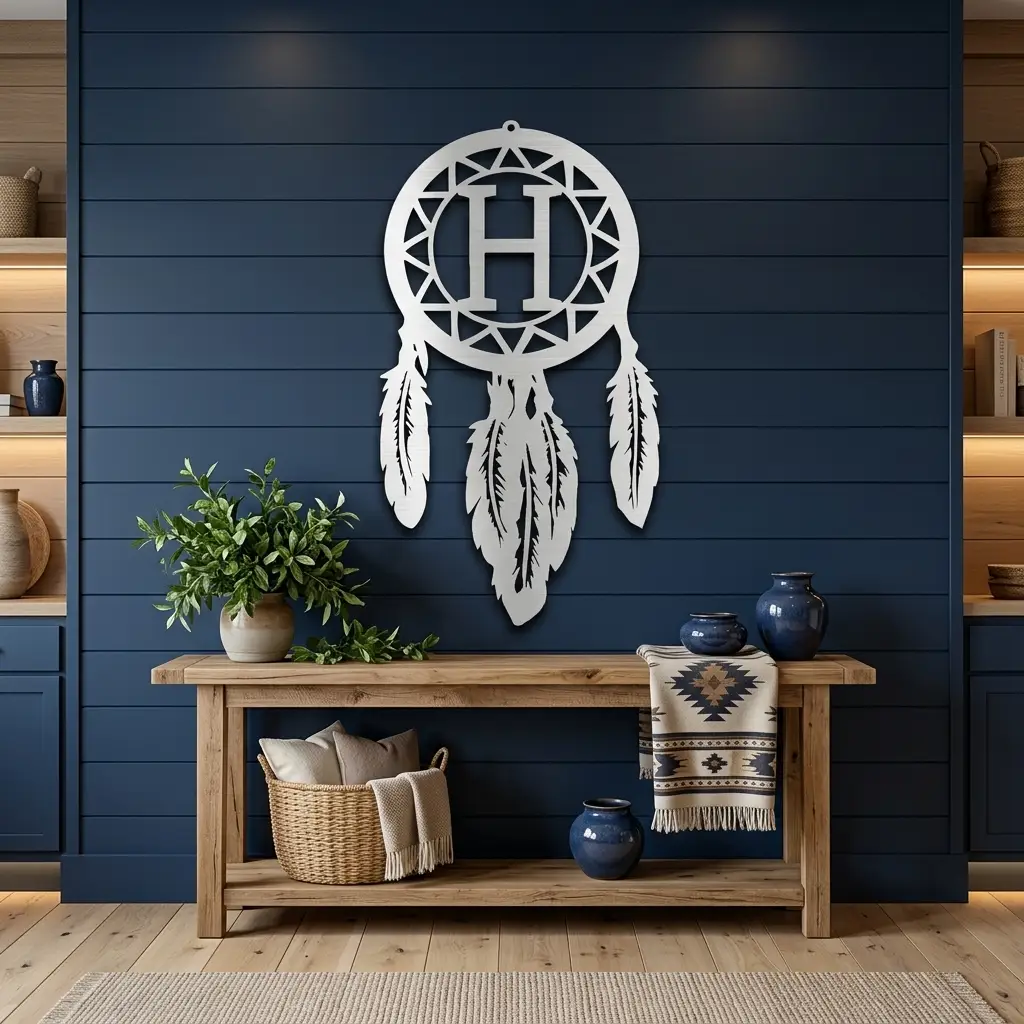 Personalized Dreamcatcher Metal Wall Art – Custom Initial Southwestern Feather Décor