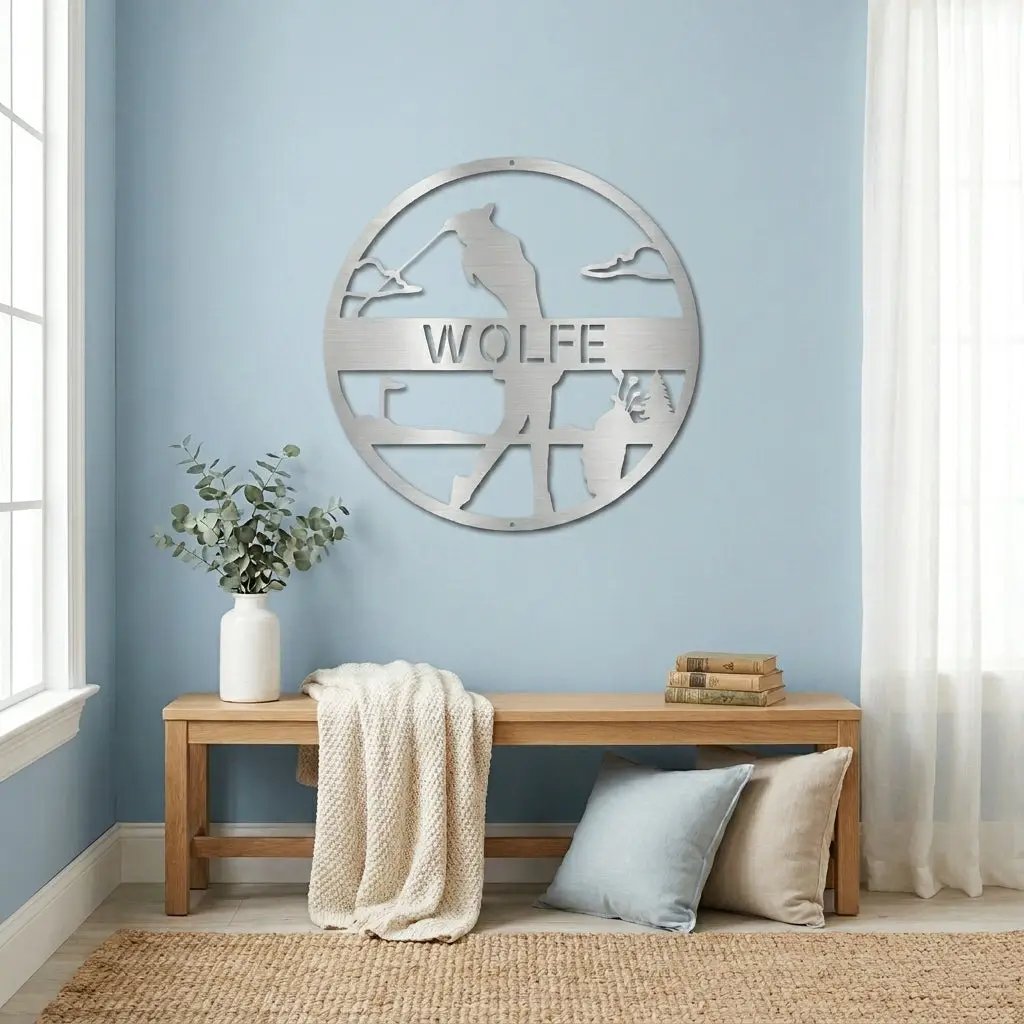Custom Female Golfer Metal Sign – Personalized Name Wall Art – Round Golf Scene – Laser Cut Steel