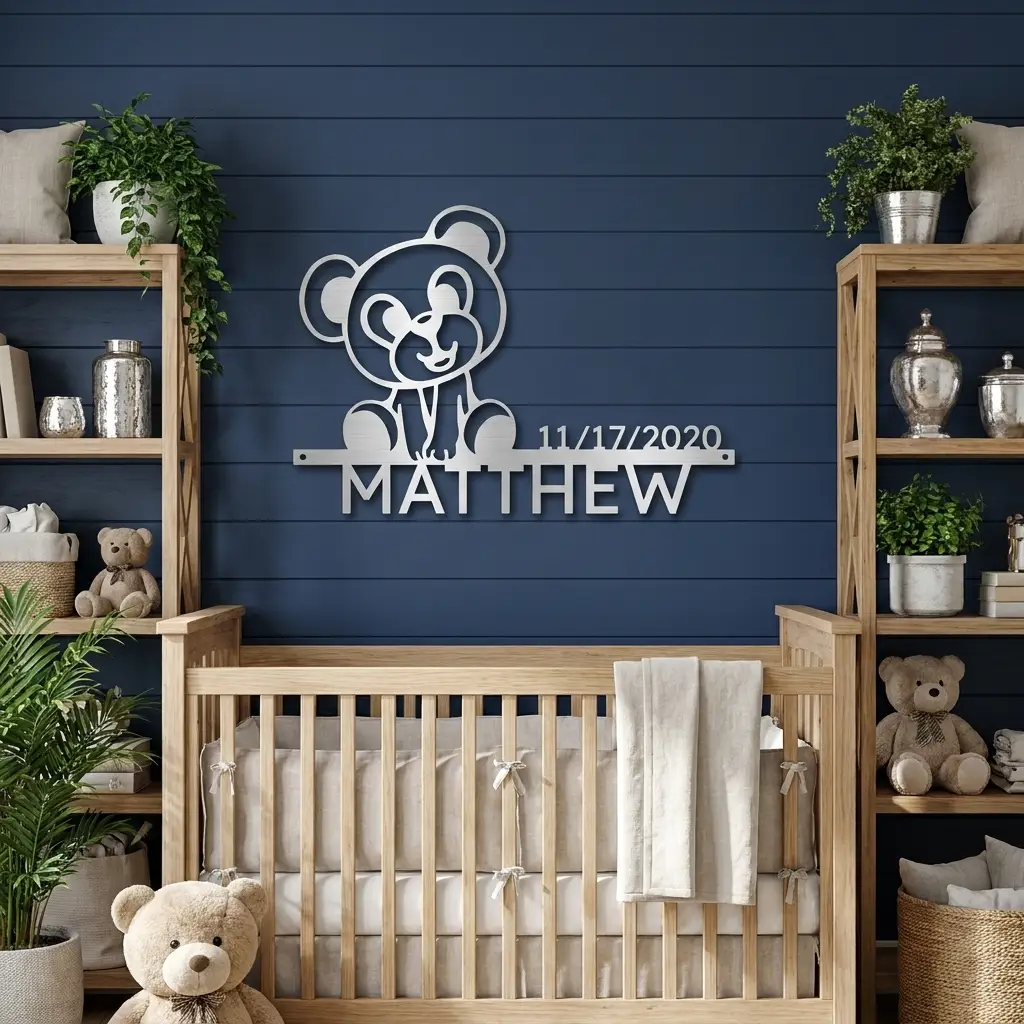 Personalized Teddy Bear Nursery Metal Wall Art – Custom Baby Name Sign with Birth Date – Nursery Decor – Baby Shower Gift