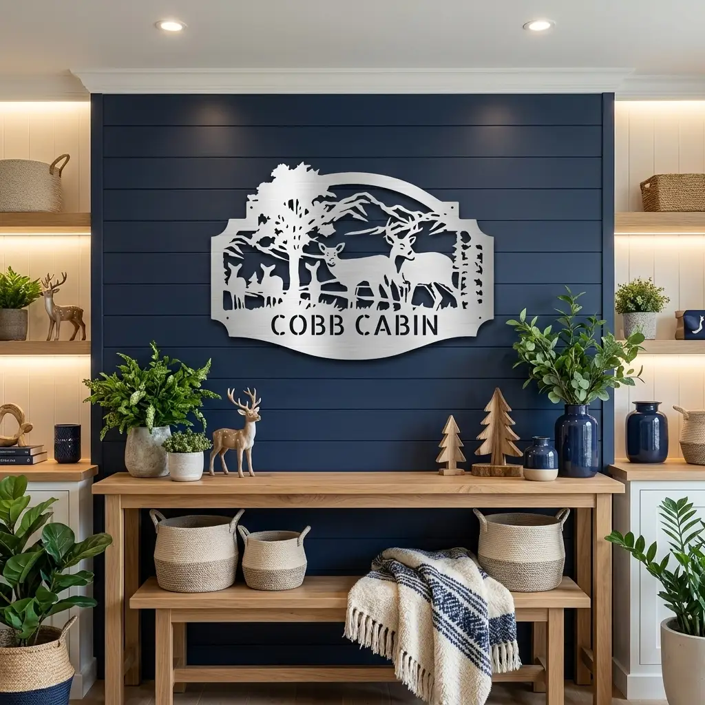Personalized Deer Cabin Metal Wall Art – Rustic Family Name Sign – Hunting Lodge Decor – Custom Mountain Scene Steel Sign – Cabin Wall Decor Gift