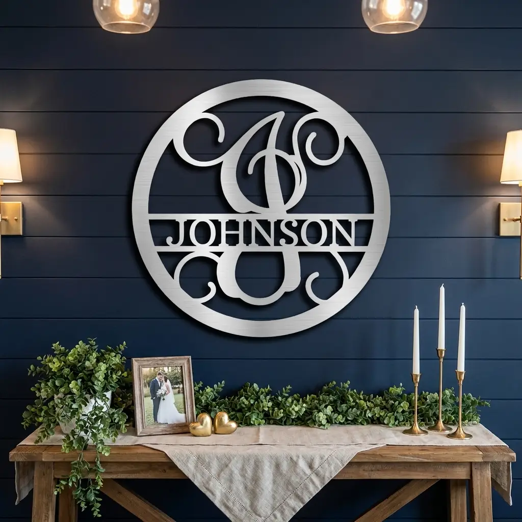Circle Vine Monogram Personalized Name Indoor Outdoor Steel Wall Sign Metal Art