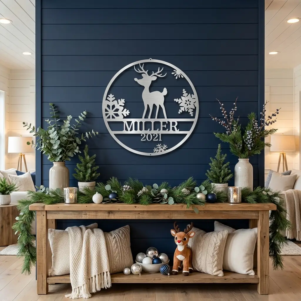 Rudolph Reindeer Christmas Personalized Metal Sign | Custom Family Name & Year Holiday Wall Art | Reindeer Snowflake Metal Decor | Christmas Gift for Family