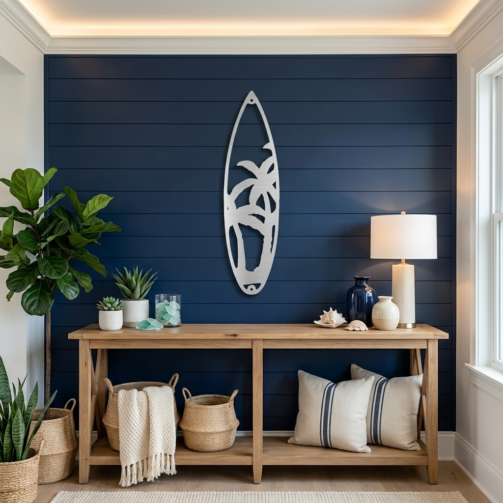 Palm Tree Surfboard Metal Wall Art | Tropical Coastal Beach Decor | Surfboard Shaped Metal Wall Hanging | Island & Ocean Home Decor | Made in USA
