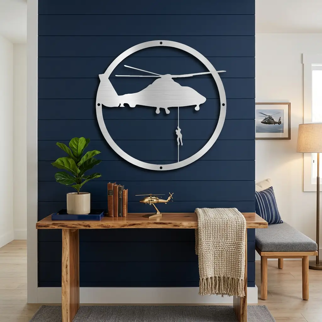 Helicopter Metal Wall Art – Aviation Rescue Metal Sign, Pilot & Military Inspired Wall Decor
