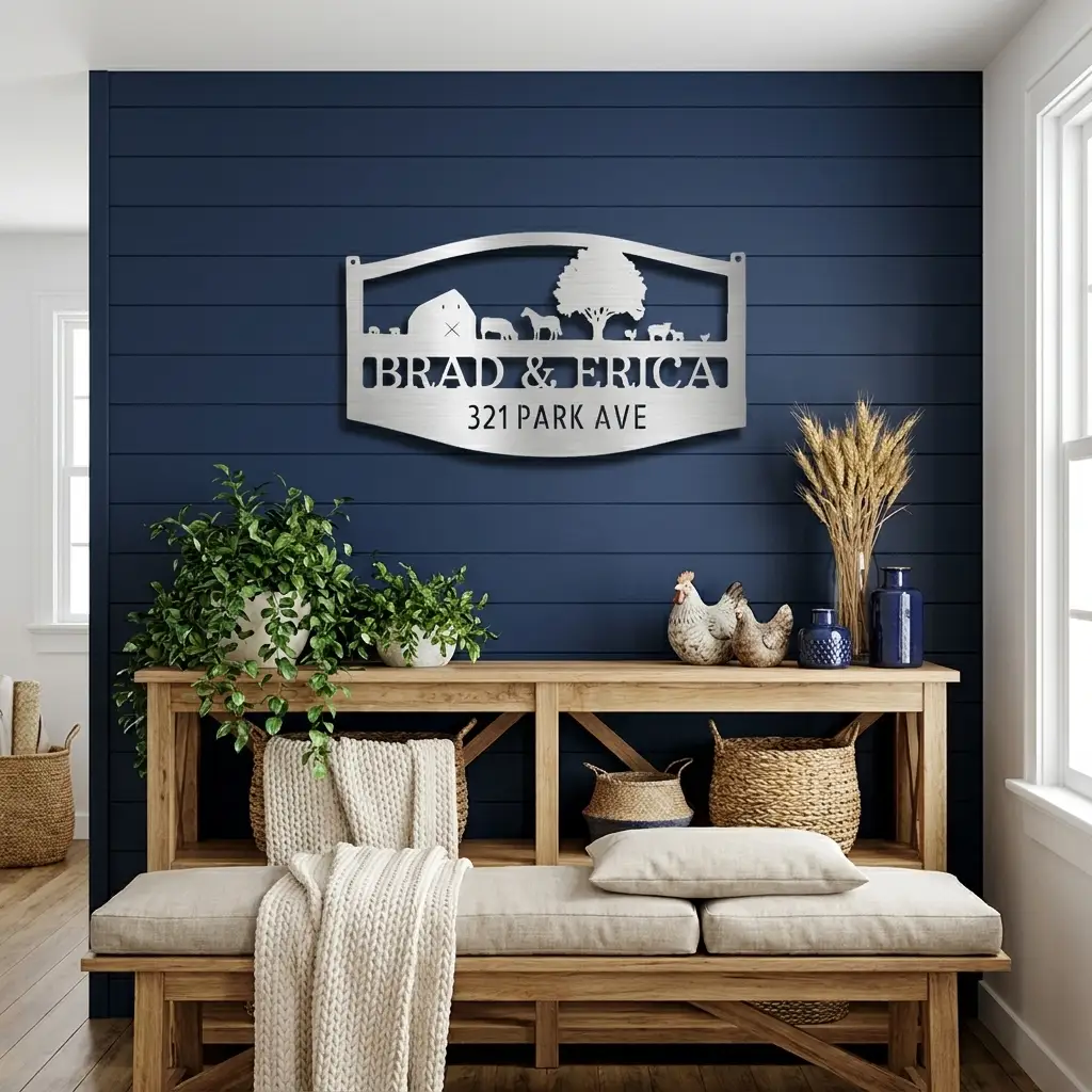 Farm Scene Custom Name Indoor Outdoor Monogram Steel Wall Sign