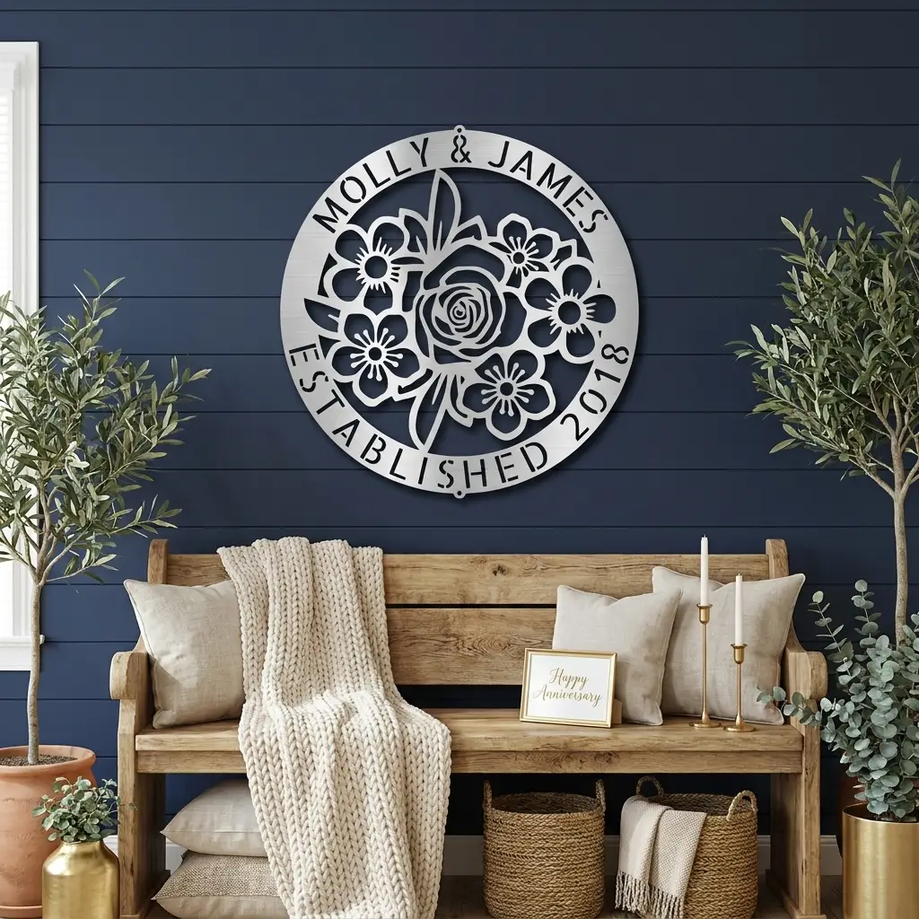 Personalized Floral Family Name Metal Sign | Custom Established Date Wall Art | Round Flower Monogram Steel Decor | Wedding, Anniversary & Housewarming Gift