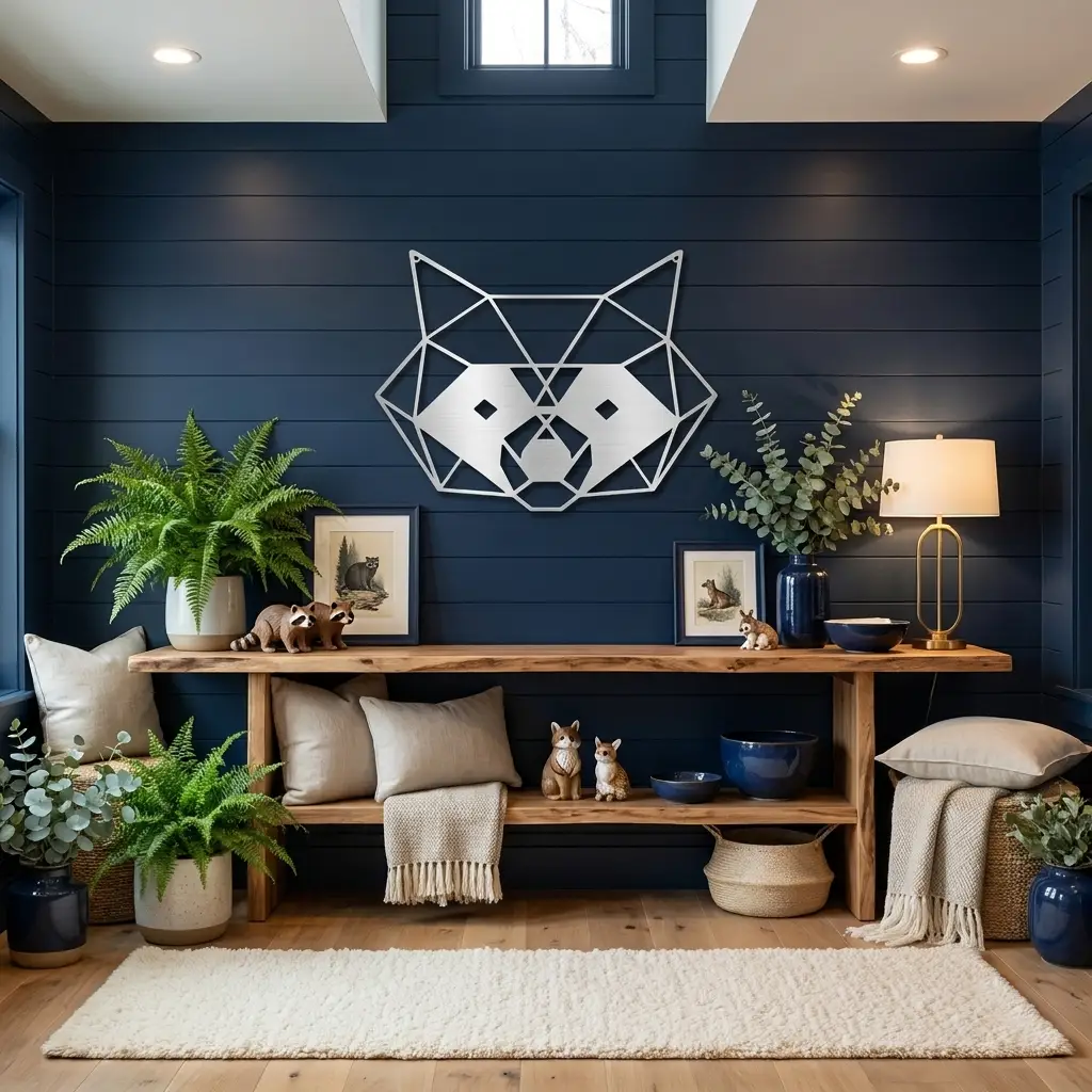 Geometric Raccoon Metal Wall Art – Modern Wildlife Steel Sign, Rustic Cabin Decor, Forest Animal Wall Hanging, Laser Cut Metal Art 12"–36"