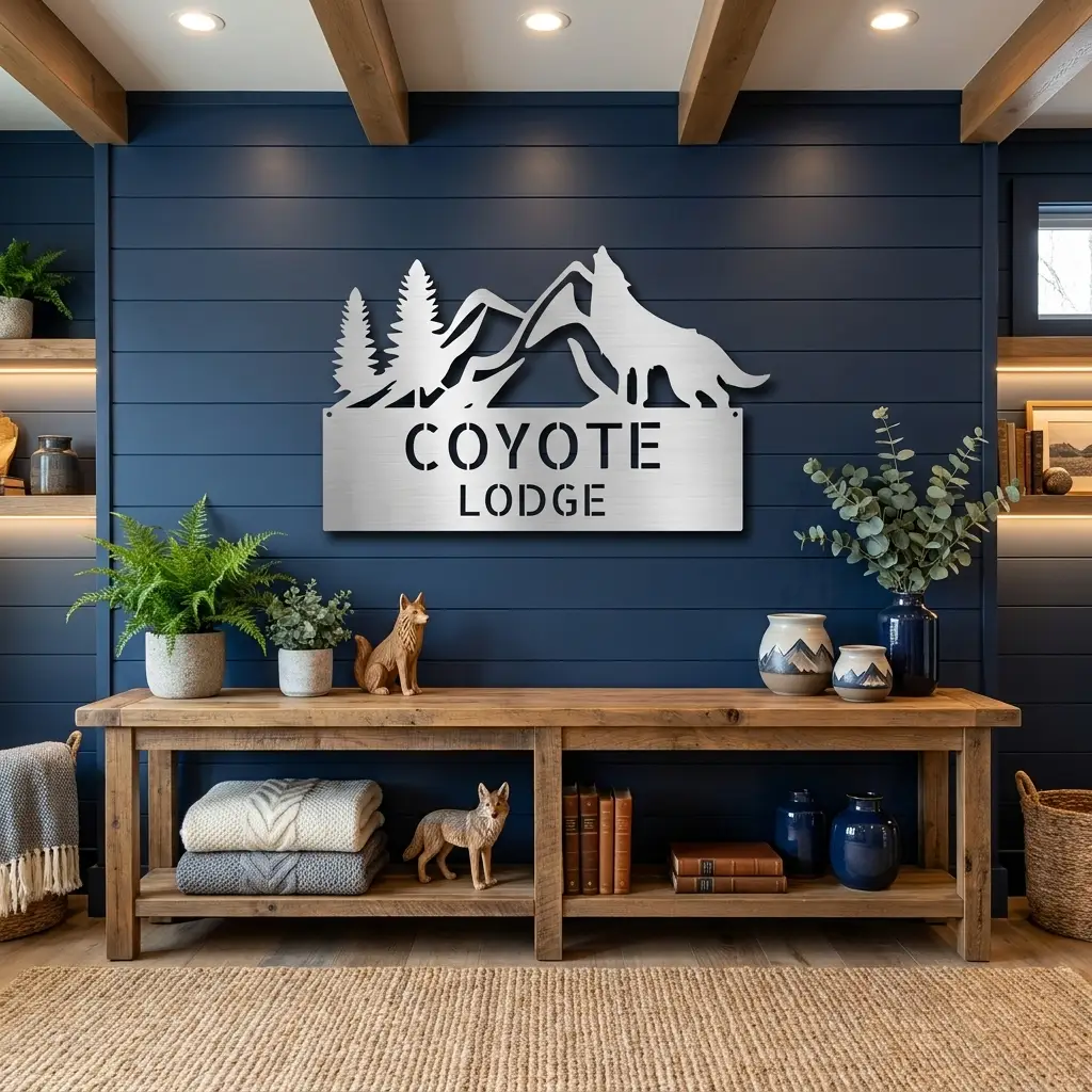 Coyote and Mountains Custom Name Metal Wall Sign