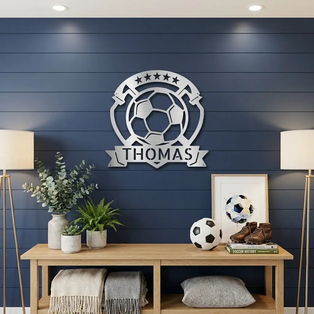 Custom Name Soccer Sign – Sports Decor for Boys Room, Soccer Player Gift, Indoor Outdoor Steel Sign
