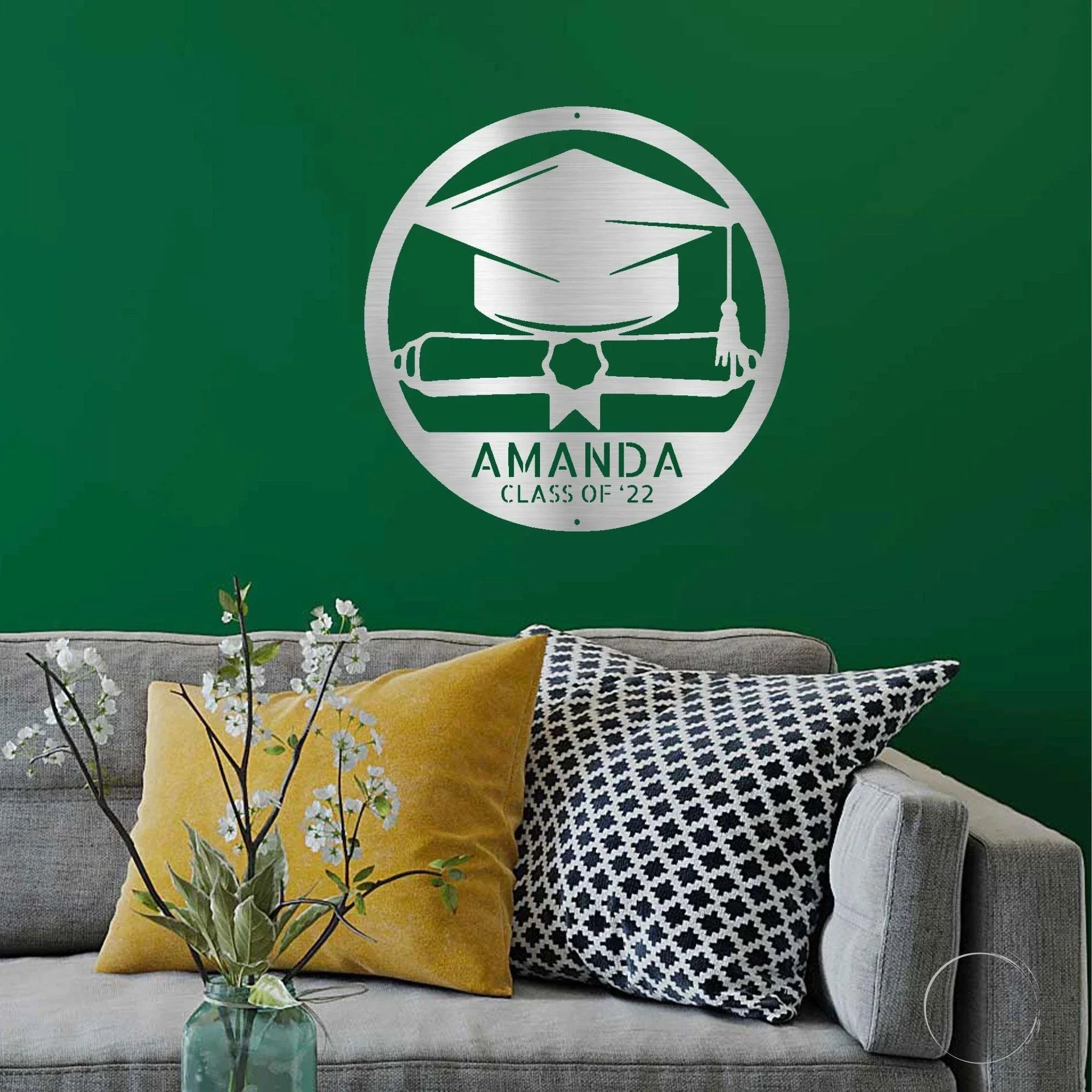 Graduation Cap and Diploma Custom Name Metal Art Wall Sign