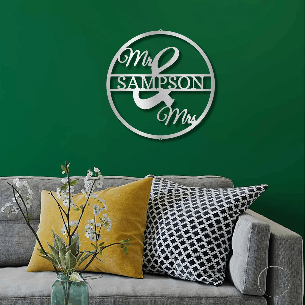 Mr and Mrs Circle Custom Name Steel Wall Sign