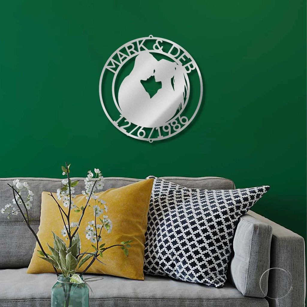 Couple Silhouette Sweetheart Custom Monogram Name Metal Wall Art