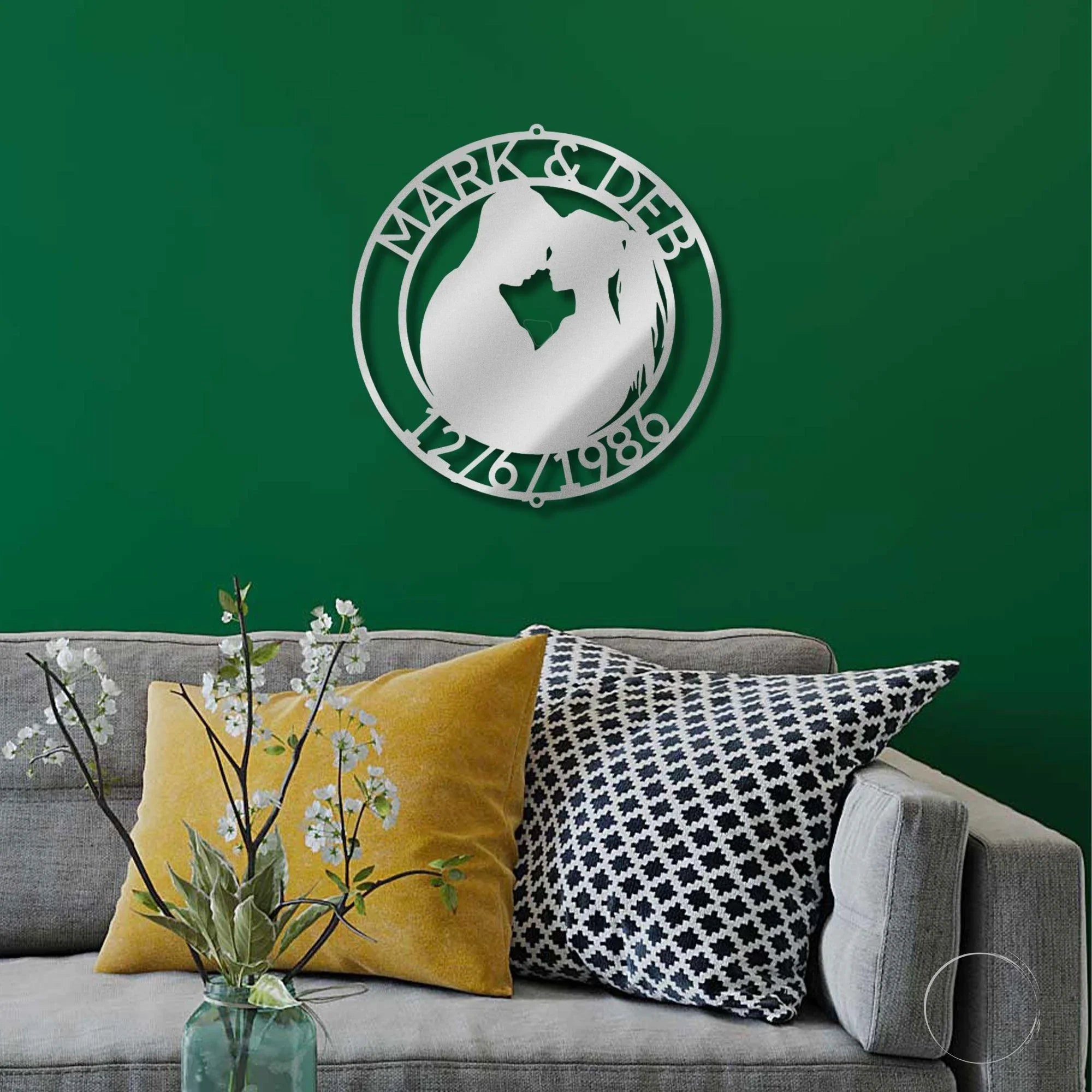 Couple Silhouette Sweetheart Custom Monogram Name Metal Wall Art