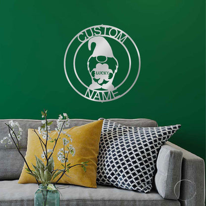 Gnome Lucky St. Patrick's Day Custom Name Metal Art Wall Sign Home Decor - Mallard Moon Gift Shop