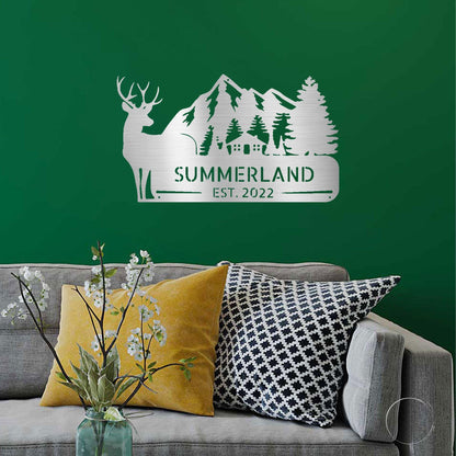 Deer and Cabin in the Woods Custom Name Metal Art Wall Sign - Mallard Moon Gift Shop