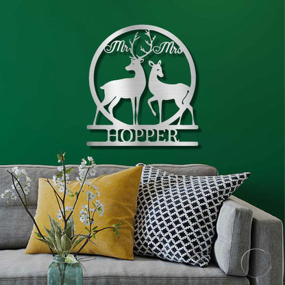 Deer and Doe Mr and Mrs Custom Name Metal Art Wall Sign - Mallard Moon Gift Shop