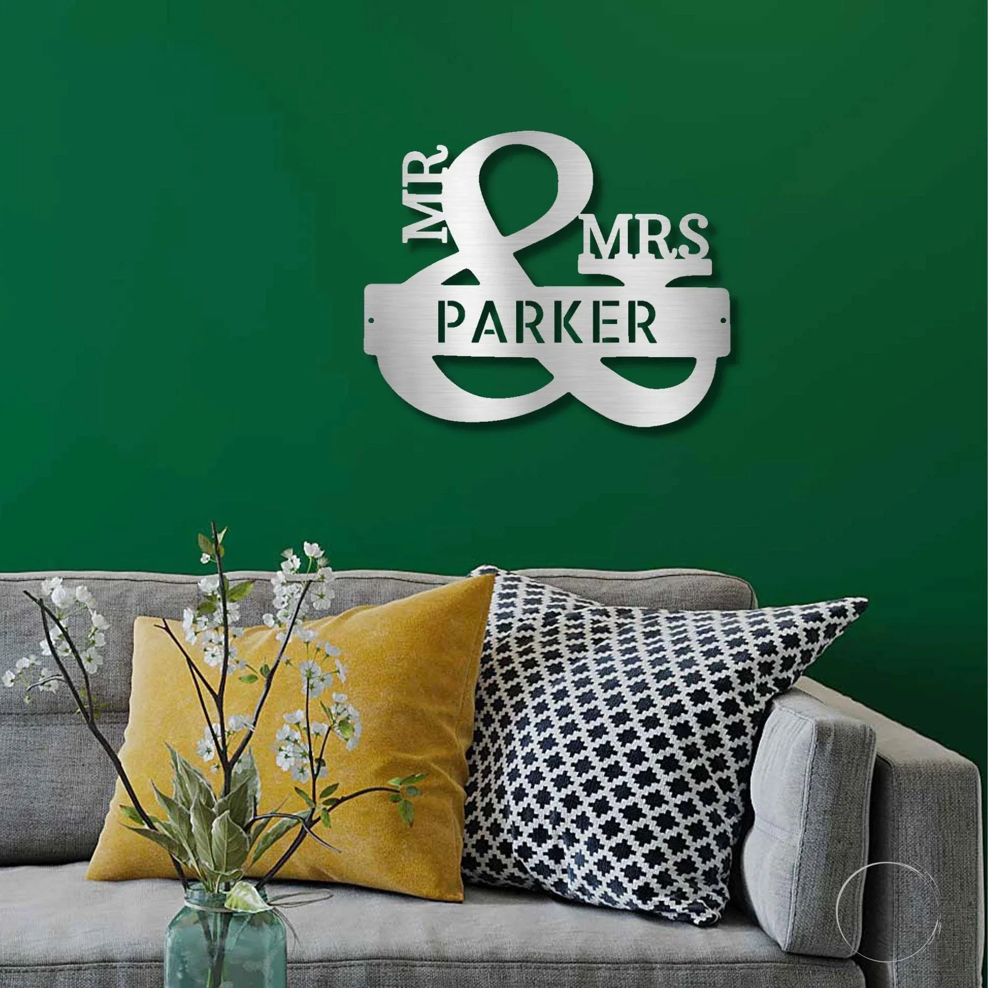 Couples Mr. and Mrs. Custom Name Monogram Indoor Outdoor Steel Wall Sign