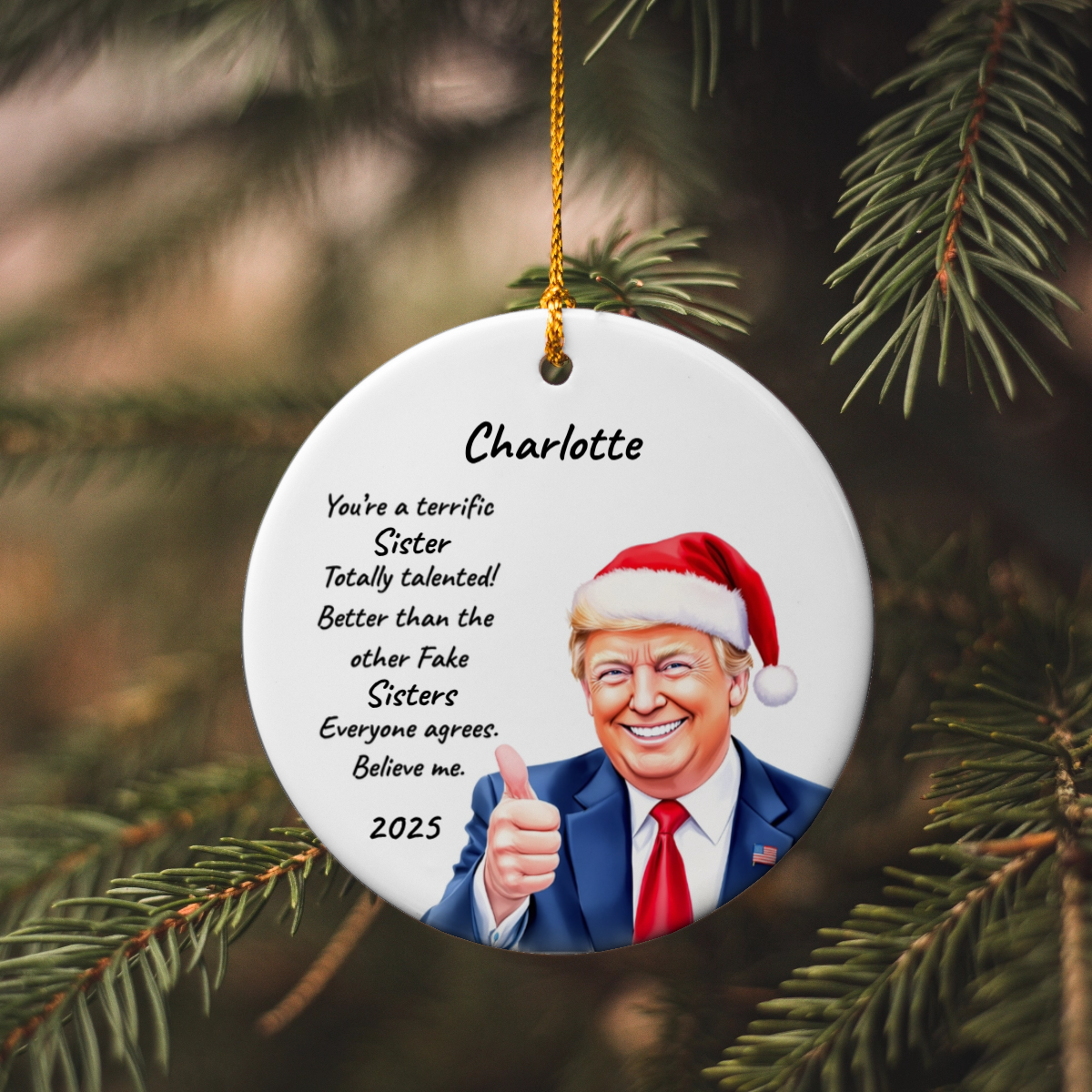 Personalized Trump Christmas Ornament – Funny Santa Thumbs-Up Holiday Gift – Custom Name & Year Keepsake